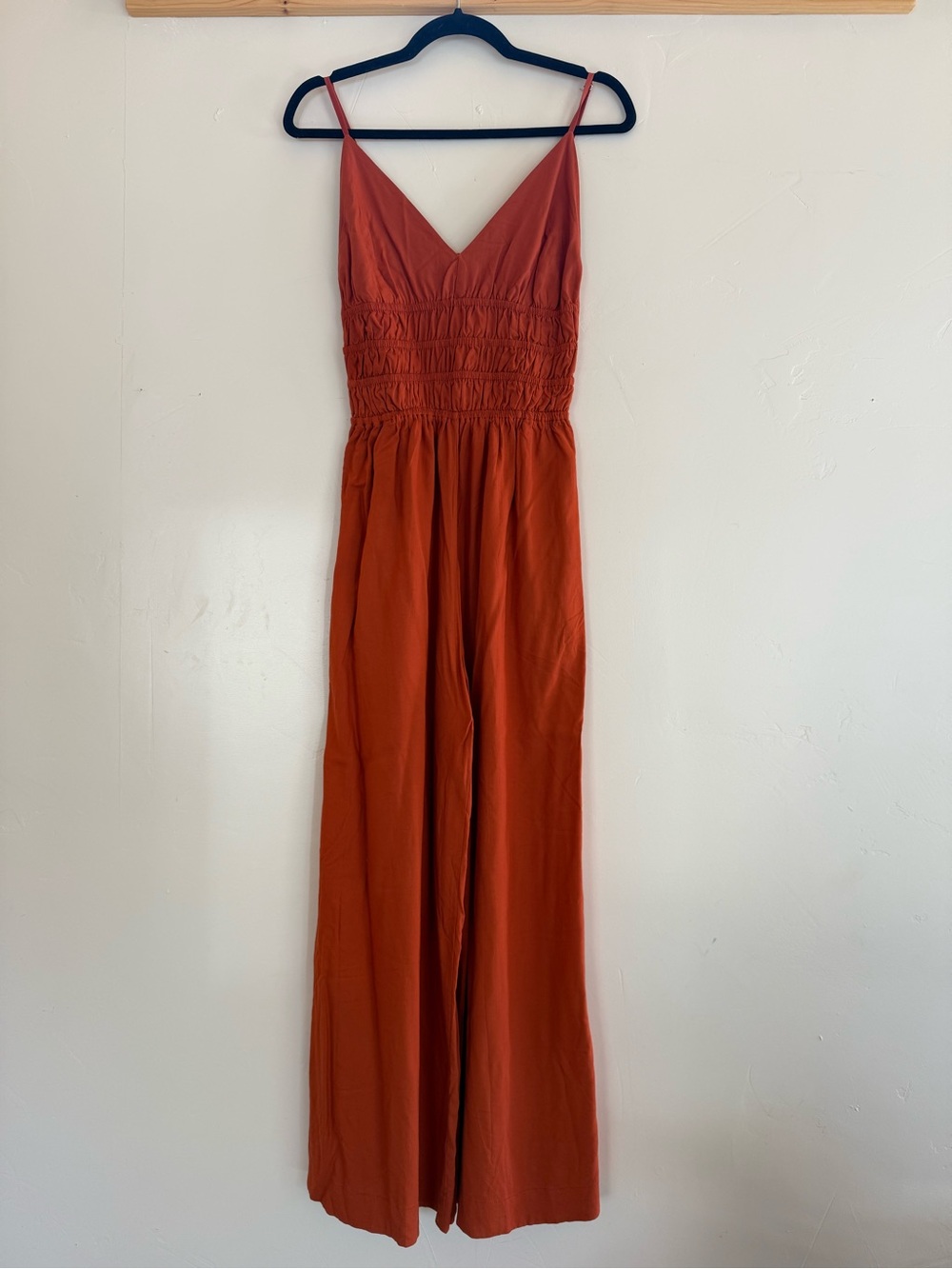 Khush Jumpsuit- Smocked Waist Rust-Red Wide-Legged, spaghetti straps